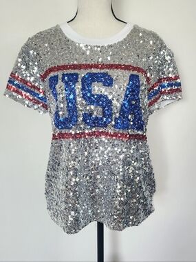 Miss Chievous Tee Sequins USA Red White Blue Silver Patrioric July 4th Summer M